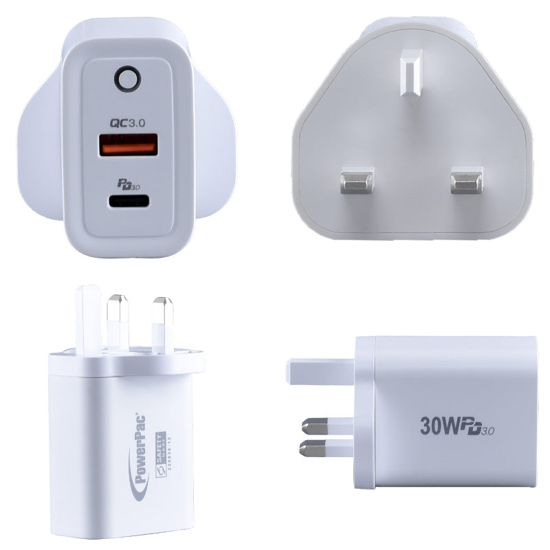 USB Smart & Fast Charger - 1 QC3.0 USB-A, 1 PD3.0 USB-C, Dual Voltage 100-240 AC, 30W, PP7983WH