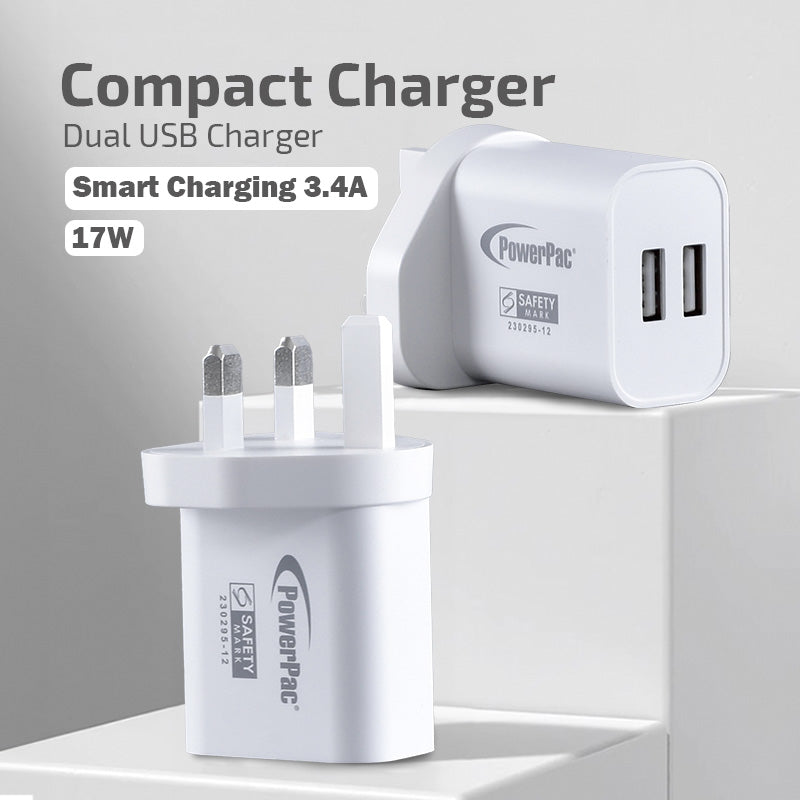 USB Smart Charger - 2 USB-A, Dual Voltage 100-240 AC, 17W, PP7985WH