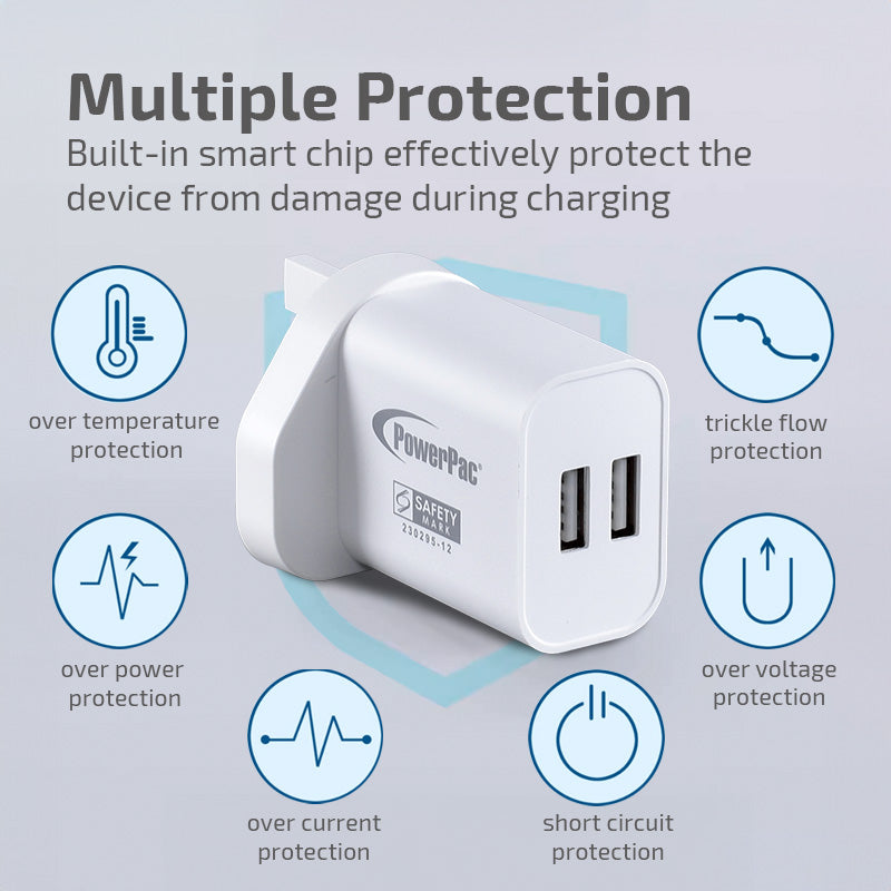 USB Smart Charger - 2 USB-A, Dual Voltage 100-240 AC, 17W, PP7985WH