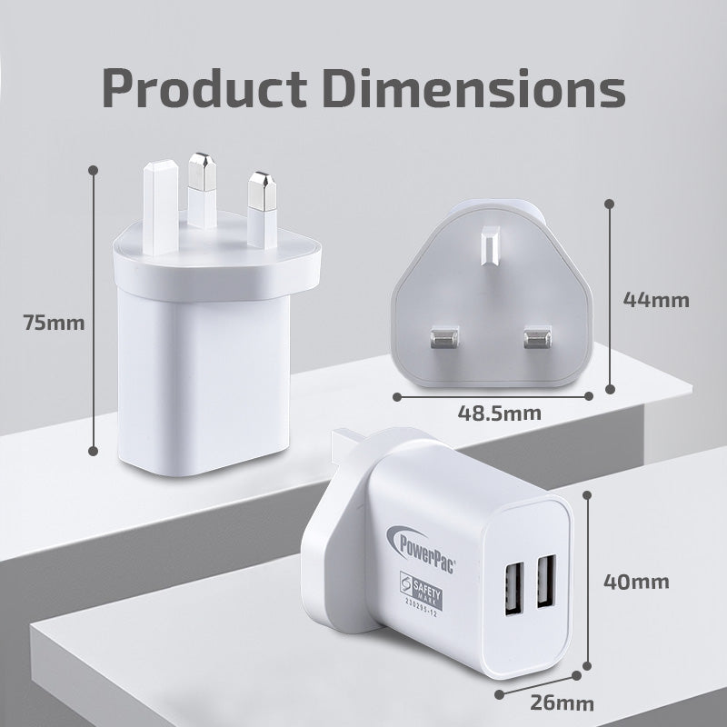 USB Smart Charger - 2 USB-A, Dual Voltage 100-240 AC, 17W, PP7985WH