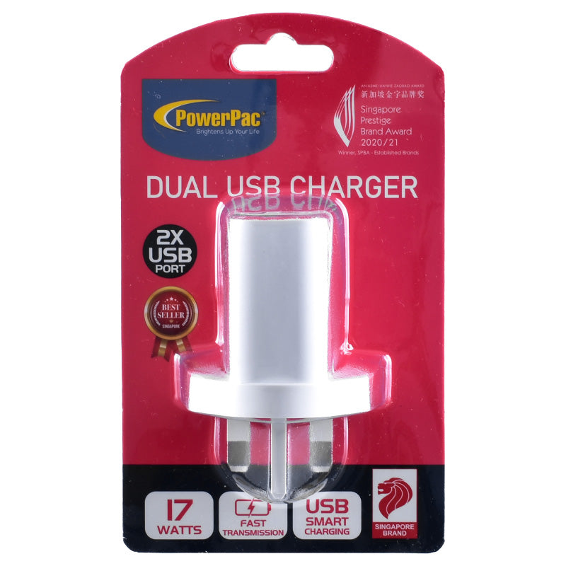 USB Smart Charger - 2 USB-A, Dual Voltage 100-240 AC, 17W, PP7985WH