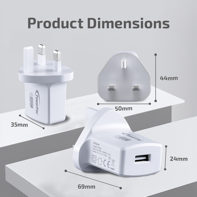 USB Smart Charger - USB-A, Dual Voltage 100-240 AC, 12W, PP7986ABK