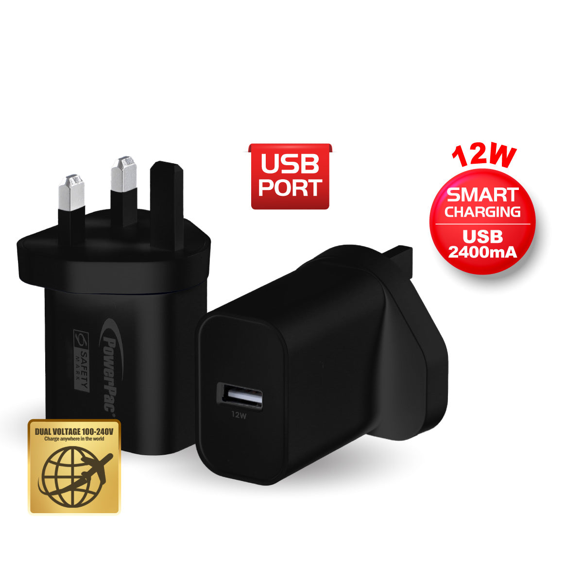 USB Smart Charger - USB-A, Dual Voltage 100-240 AC, 12W, PP7986ABK