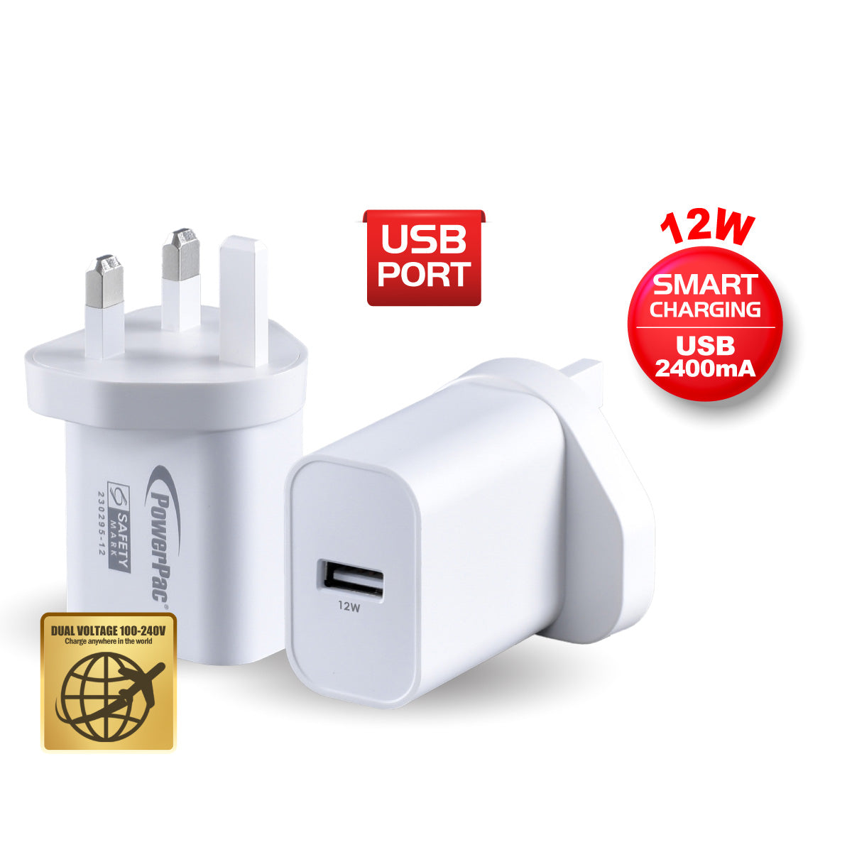 USB Smart Charger - USB-A, Dual Voltage 100-240 AC, 12W, PP7986AWH