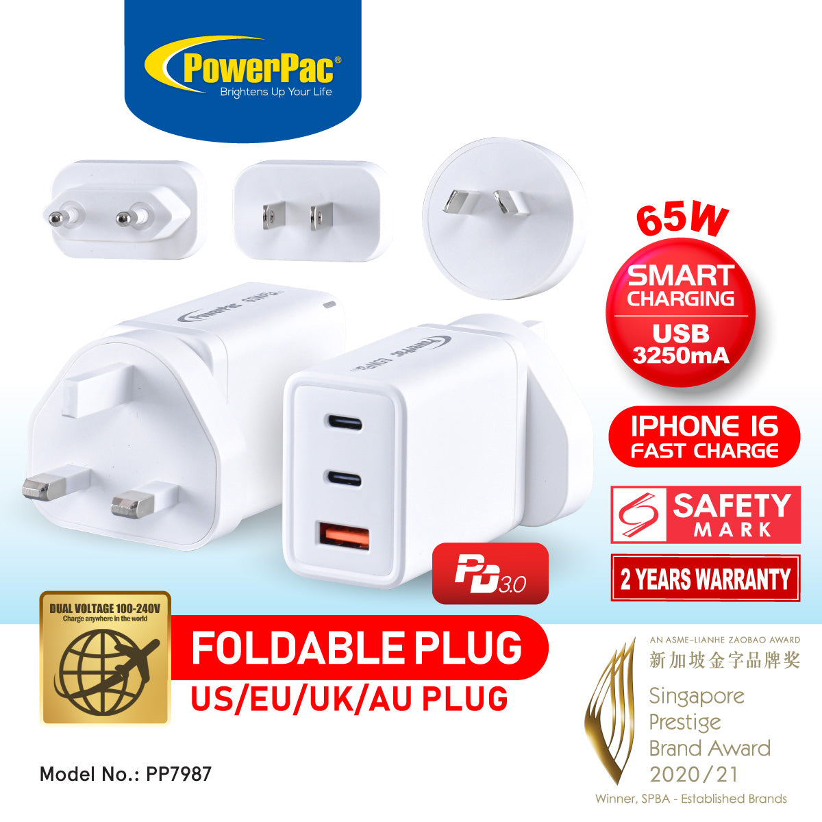 USB Smart & Fast Charger - 1 QC3.0 USB-A, 2 PD3.0 USB-C, Dual Voltage 100-240 AC, Worldwide plugs, 65W, PP7987