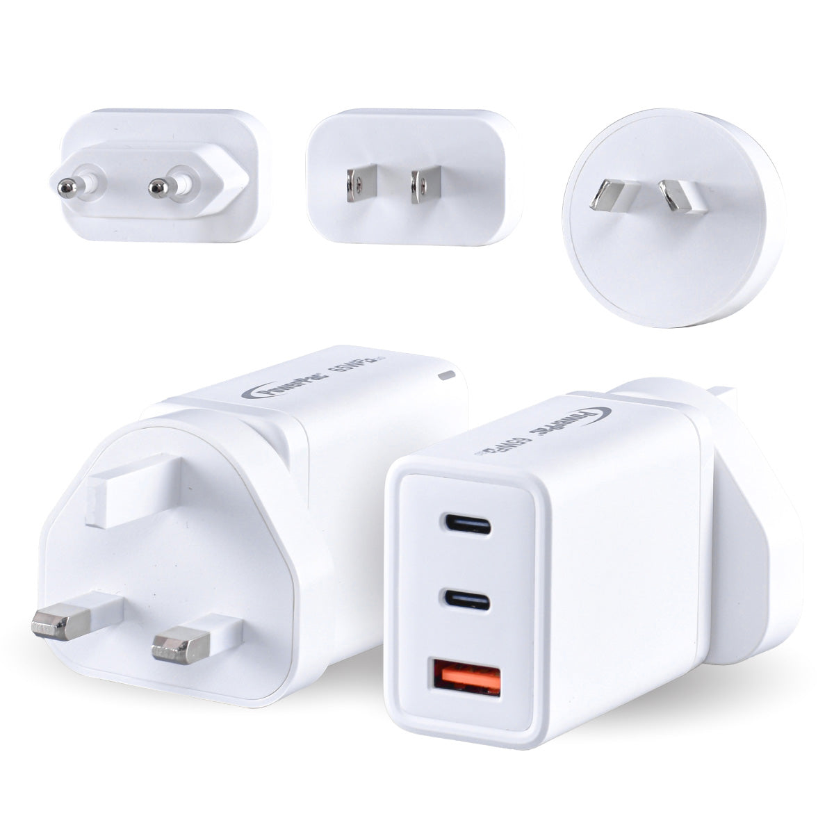 USB Smart & Fast Charger - 1 QC3.0 USB-A, 2 PD3.0 USB-C, Dual Voltage 100-240 AC, Worldwide plugs, 65W, PP7987