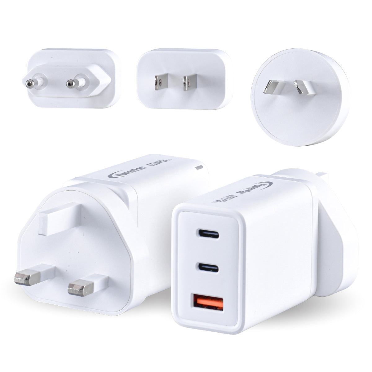 USB Travel Adapter 3 Pin Plug, Fast Charge, Smart Charge 65 Watts, Tablet Charger, Smart Phone Charger (PP7987)