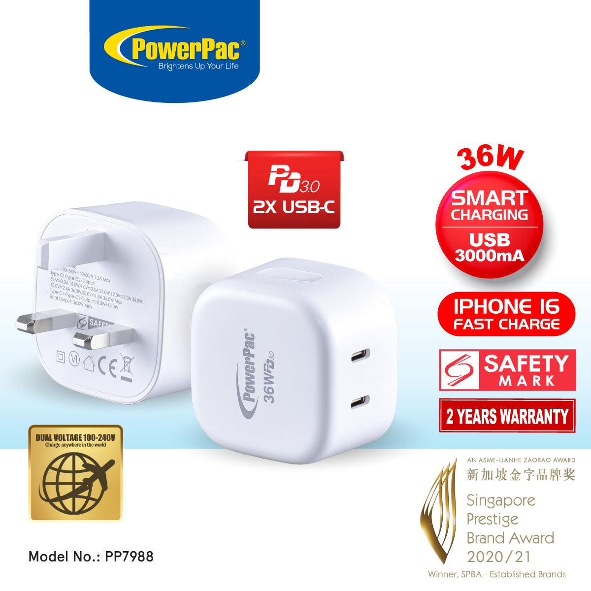 36W Charger Fast Charge QC3.0, PD 3.0 USB Smart Charger, 2x TYPE C(PP7988)