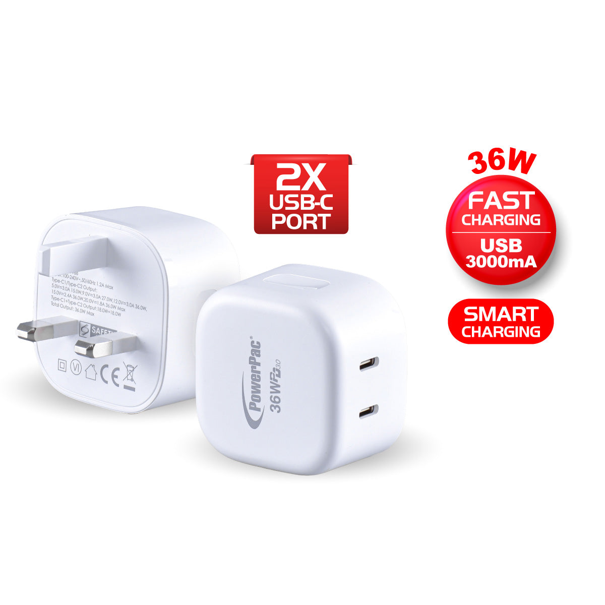 36W Charger Fast Charge QC3.0, PD 3.0 USB Smart Charger, 2x TYPE C(PP7988)