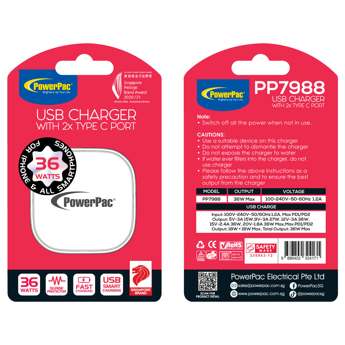 USB Smart & Fast Charger - 2 PD3.0 USB-C, Dual Voltage 100-240 AC, 36W, Surge Protector, PP7988