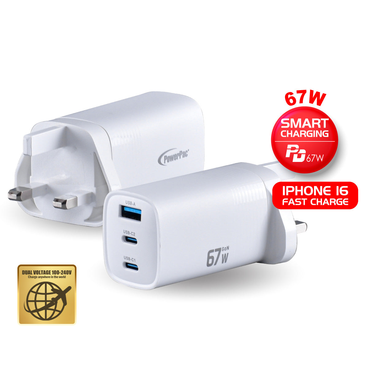 PowerPac 67W Charger Fast Charge, Smart Charge PD67W, Tablet Charger, Smart Phone Charger | TYPE A | TYPE C (PP7992)