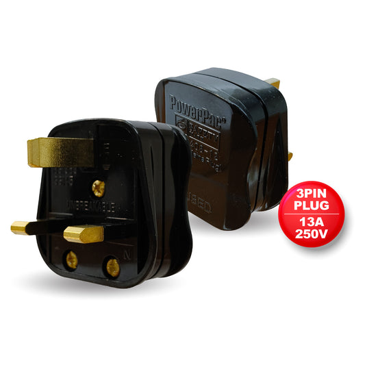 2x 13A 3-Pin Plug – Type G Plug, Fast Blow Fuse, Cable Grip & Wiring Diagram, solid brass pins, normal use, PP8001BK