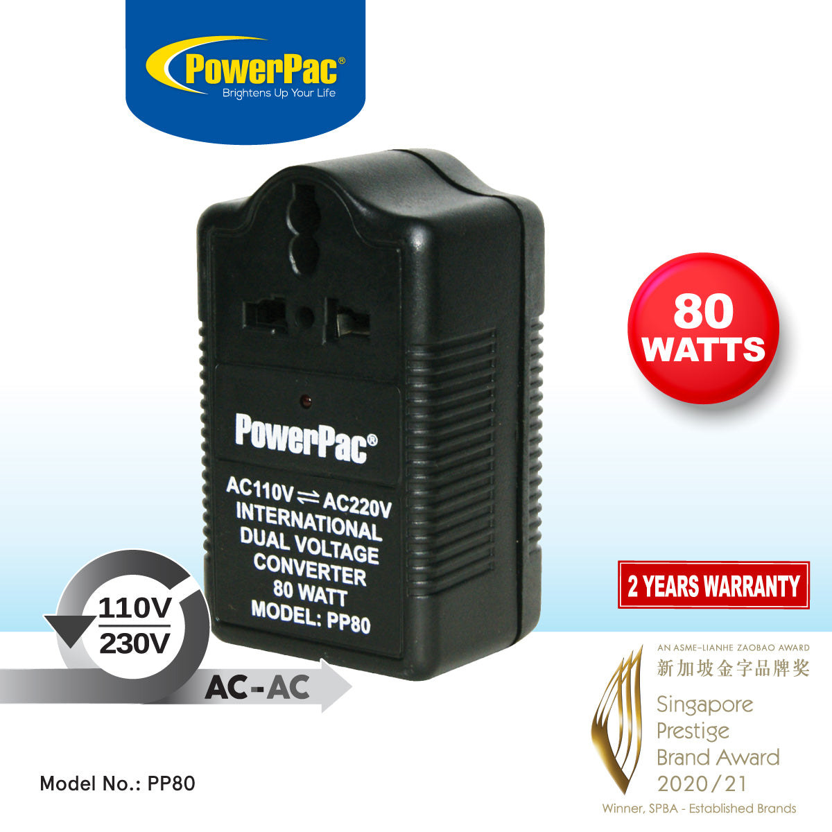 80W Step Up & Down Voltage Converter, Transformer, Travel Adapter, 110V / 220V (PP80)