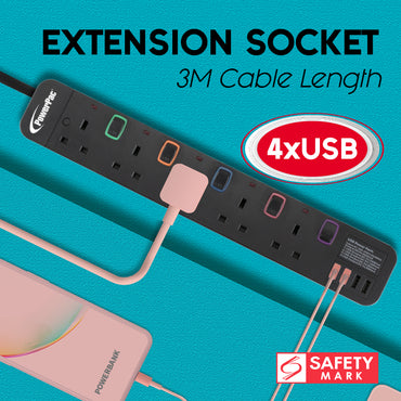 Extension Cord, Extension Socket, Power Cord 3 Metre 5 way with 4x USB Charger (PP9115UBK)