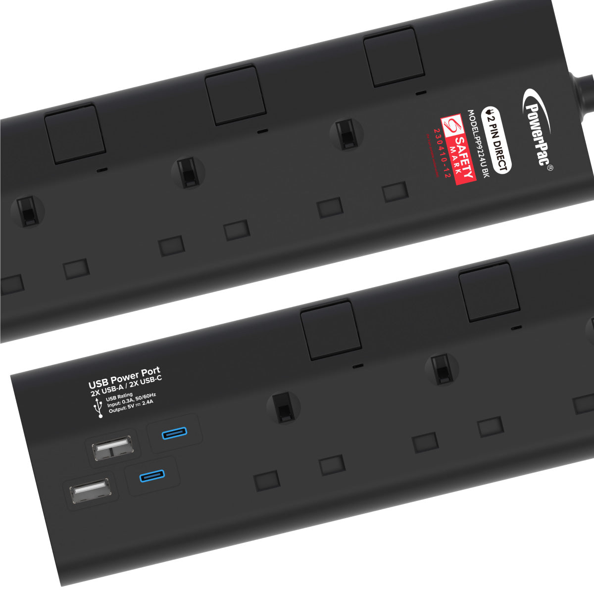 Extension Socket Extension Cord, Power Cord 3way 3 meter with 2xUSB-A & 2xUSB-C Charger (PP9223UBK)