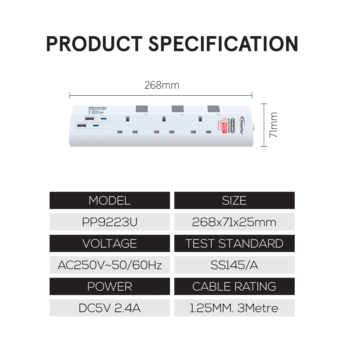 Extension Socket Extension Cord, Power Cord 3way 3 meter with 2xUSB-A & 2xUSB-C Charger (PP9223U)