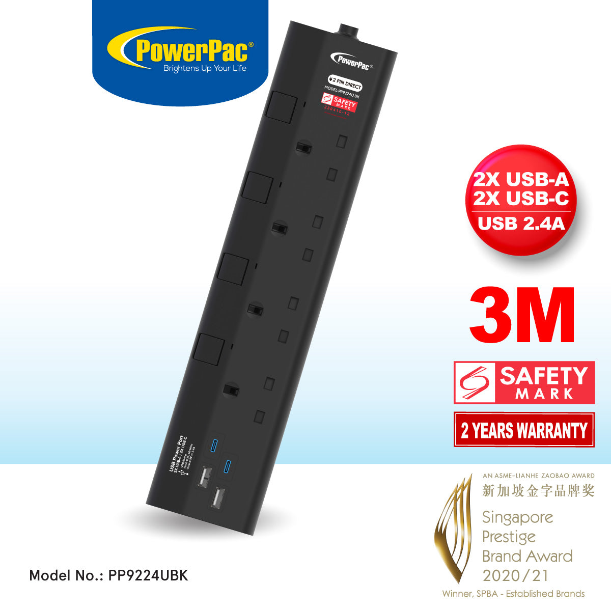 Extension Socket Extension Cord, Power Cord 4way meter with 2xUSB-A & 2xUSB-C Charger (PP9224UBK)