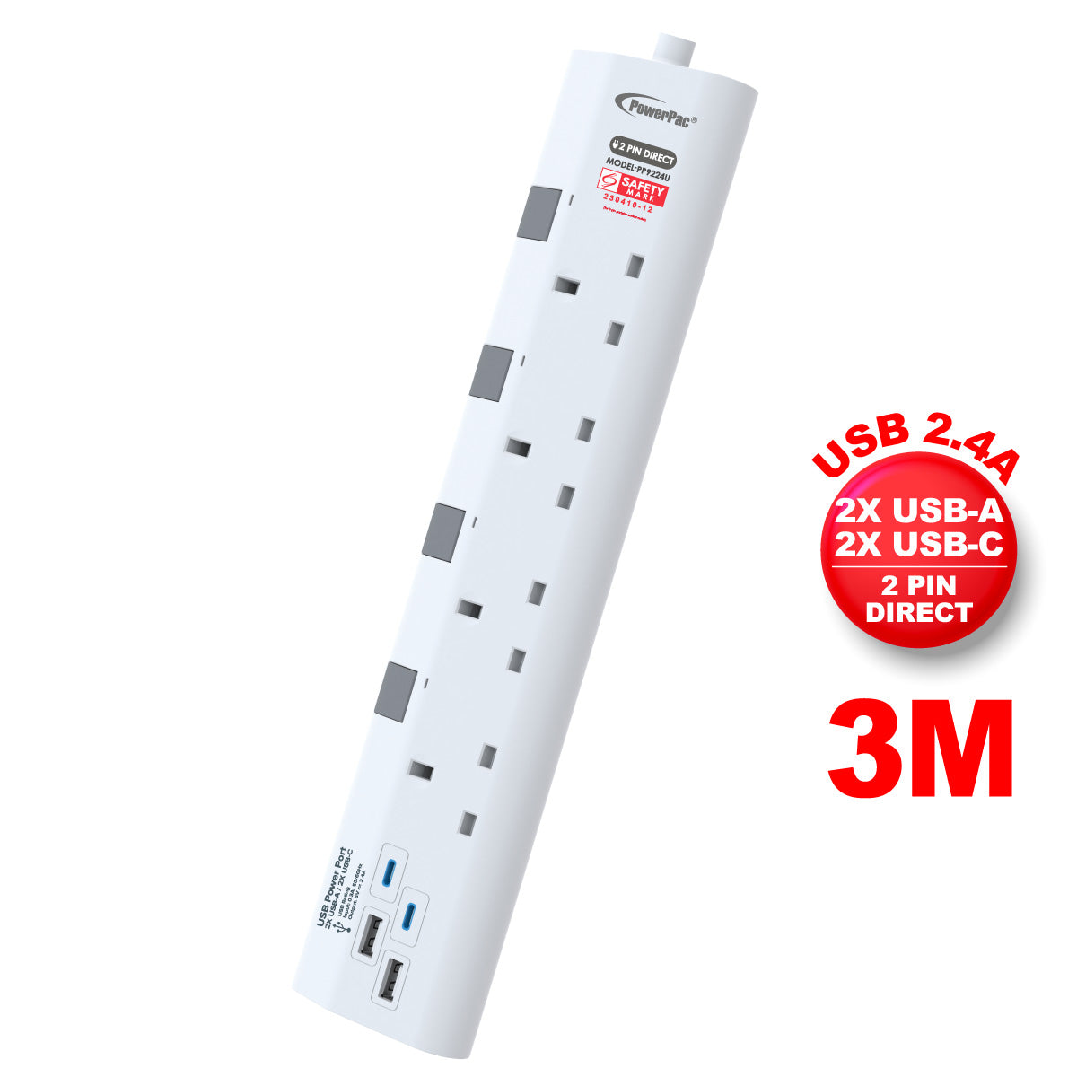Extension Socket Extension Cord, Power Cord 4 way 3 meter with 2xUSB-A & 2xUSB-C Charger (PP9224U)