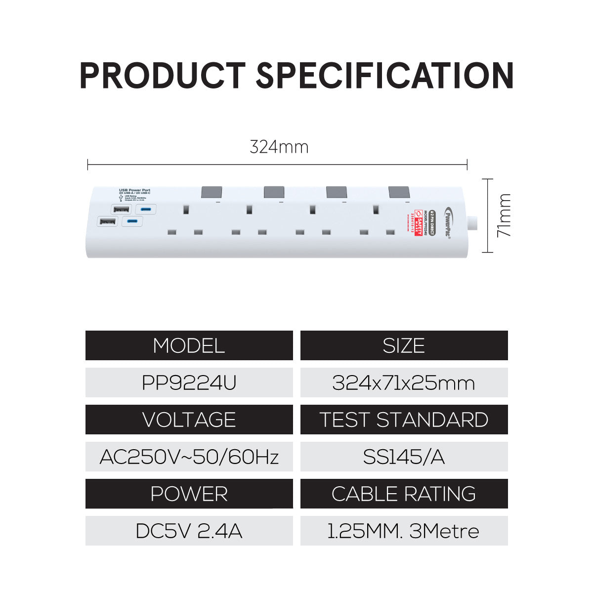 Extension Socket Extension Cord, Power Cord 4 way 3 meter with 2xUSB-A & 2xUSB-C Charger (PP9224U)