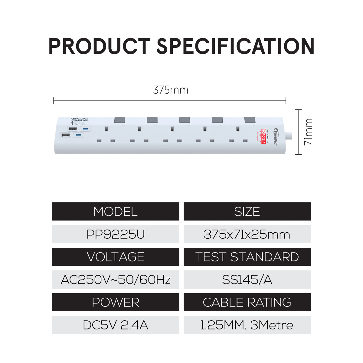 Extension Socket Extension Cord, Power Cord 5way meter with 2xUSB-A & 2xUSB-C Charger (PP9225U)
