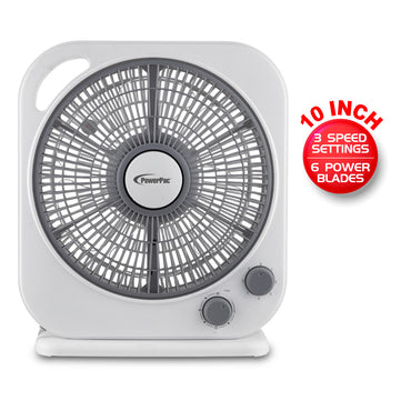 PowerPac 10" Electric Box Fan – 5 blades, Adjustable Louver, Oscillation, Timer, Safe & Energy-efficient, 3-Speed, white & grey, PPBF20