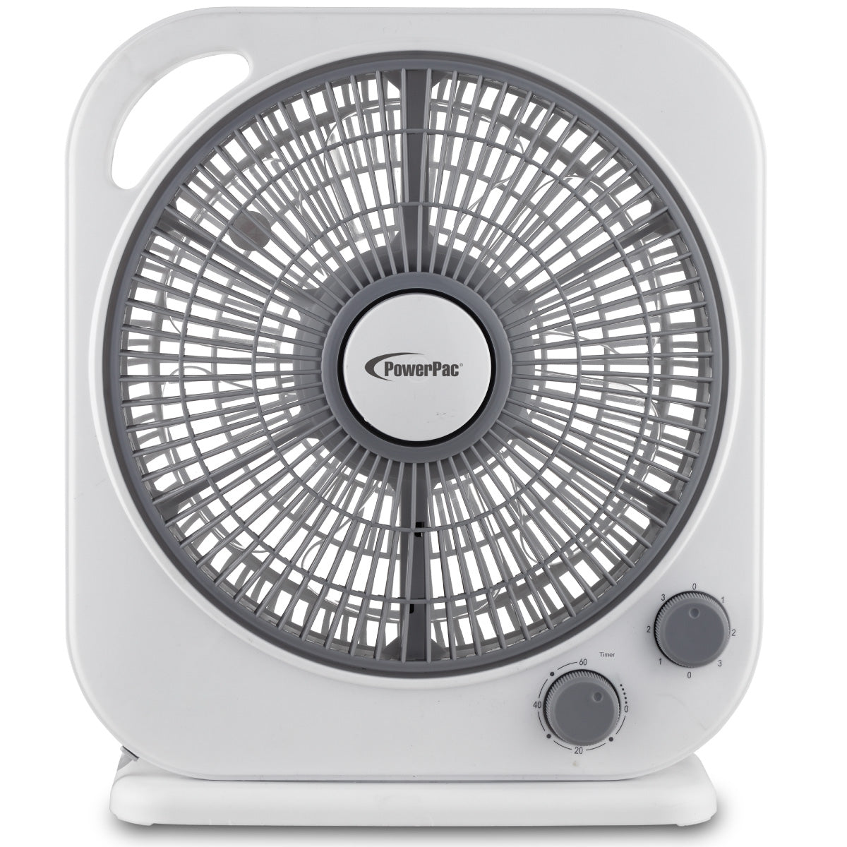 PowerPac 10" Electric Box Fan – 5 blades, Adjustable Louver, Oscillation, Timer, Safe & Energy-efficient, 3-Speed, white & grey, PPBF20