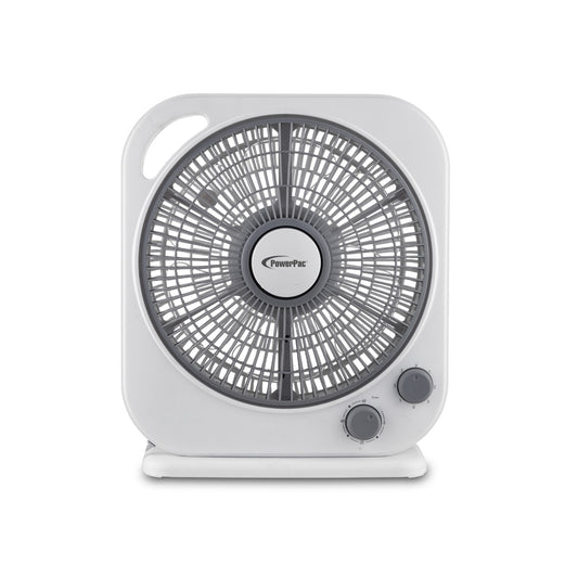 PowerPac 10" Electric Box Fan – 5 blades, Adjustable Louver, Oscillation, Timer, Safe & Energy-efficient, 3-Speed, white & grey, PPBF20