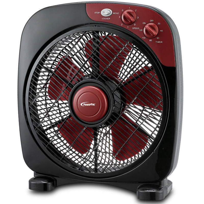 12" Box Fan – 5 blades, Adjustable Louver, Oscillation, Timer, Safe & Energy-efficient, 3-Speed, black & red, PPBF30