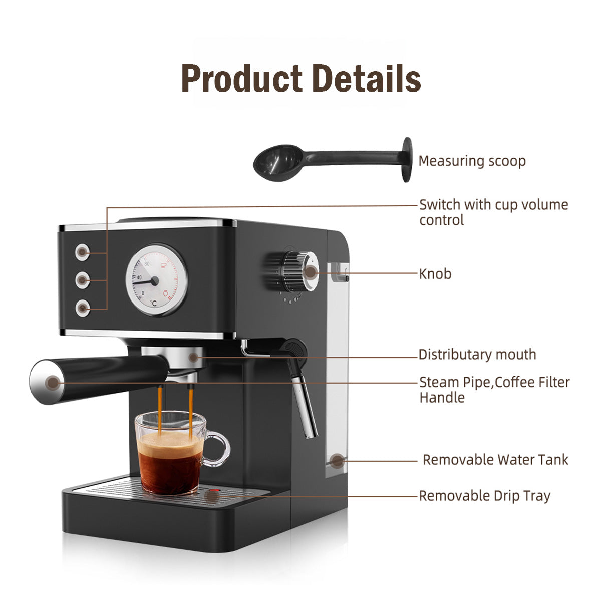 1.2L Coffee Maker High Pressure Water Tank, Coffee Machine Espresso Coffee Machine with Milk Frothing (PPCM331) White