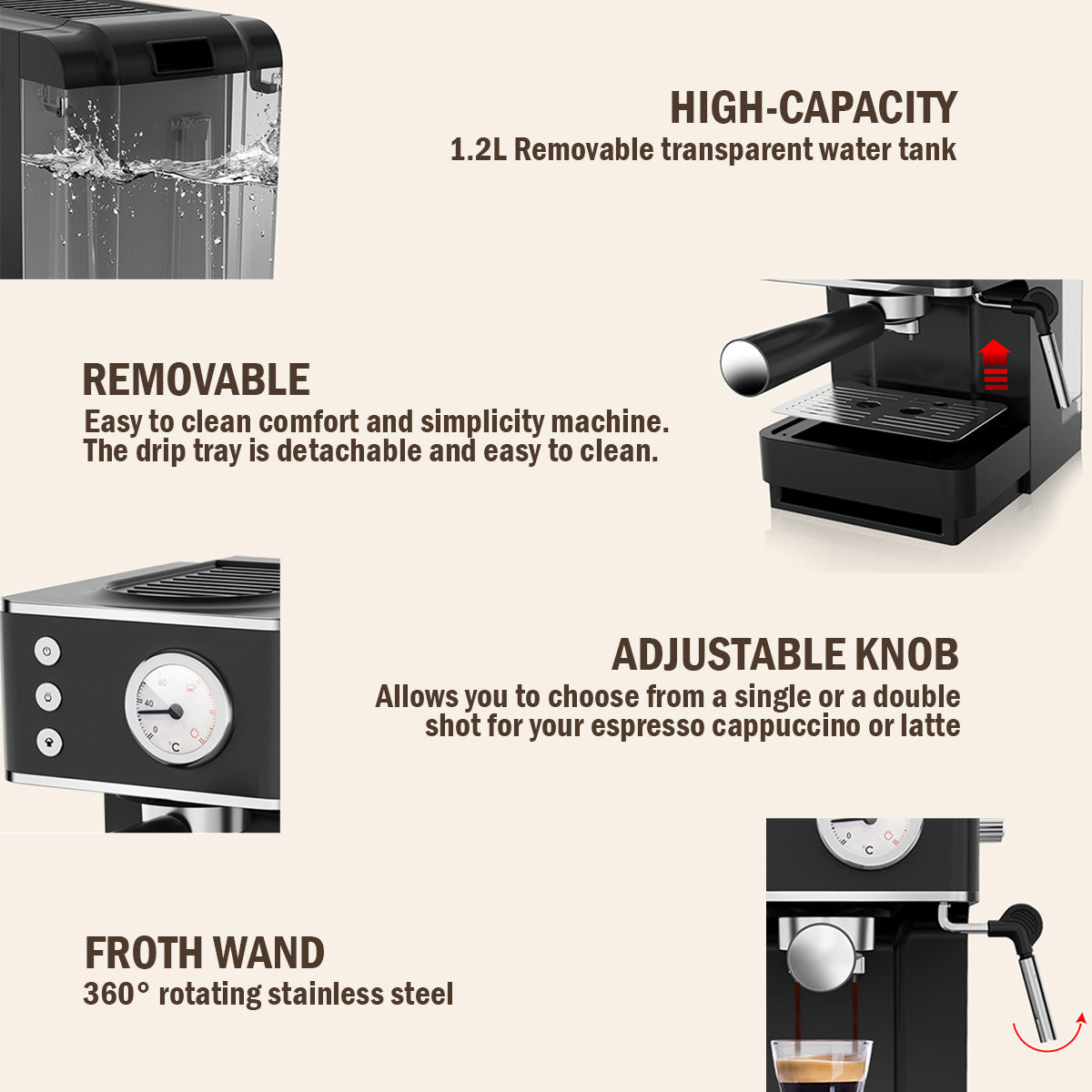 1.2L Coffee Maker High Pressure Water Tank, Coffee Machine Espresso Coffee Machine with Milk Frothing (PPCM331) White