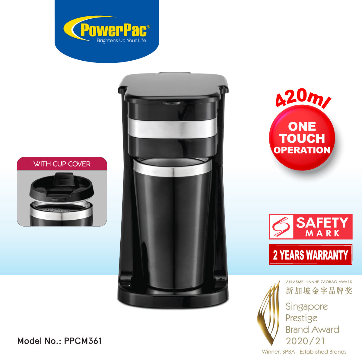 Coffee Machine with Mug 420 ml & Aroma Lid Coffee Machine with mesh filter & filter basket (PPCM361)
