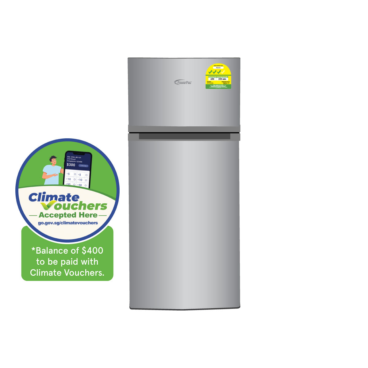 CLIMATE VOUCHER $400] 166L 2 Door Fridge + Freezer, shelves
