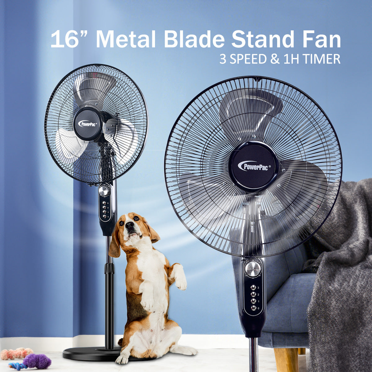 16" Stand Fan – Metal Blades, Powerful Airflow, Adjustable Tilt & Height, Oscillation, Timer, 3-Speed, black, PPFS616