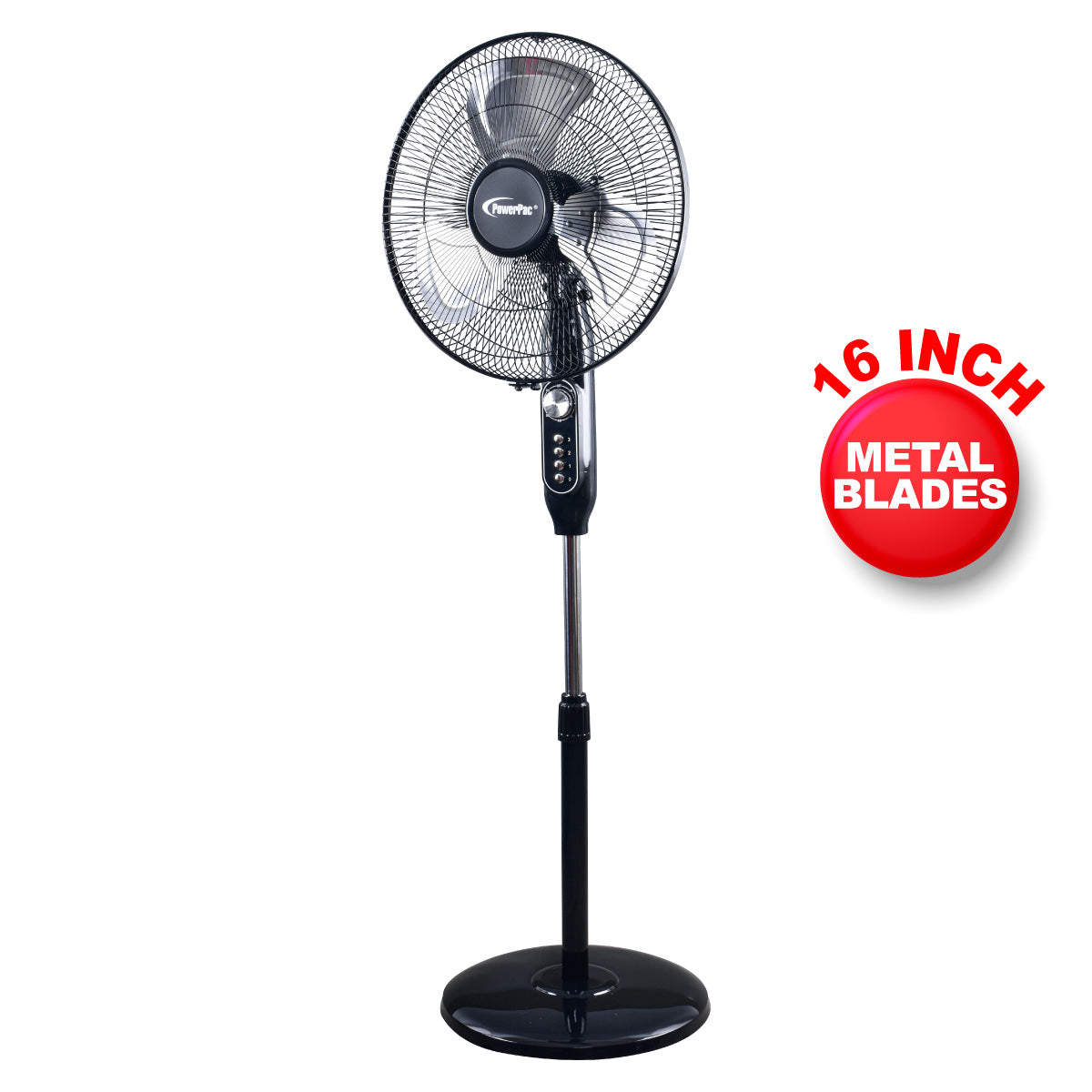 16" Stand Fan – Metal Blades, Powerful Airflow, Adjustable Tilt & Height, Oscillation, Timer, 3-Speed, black, PPFS616