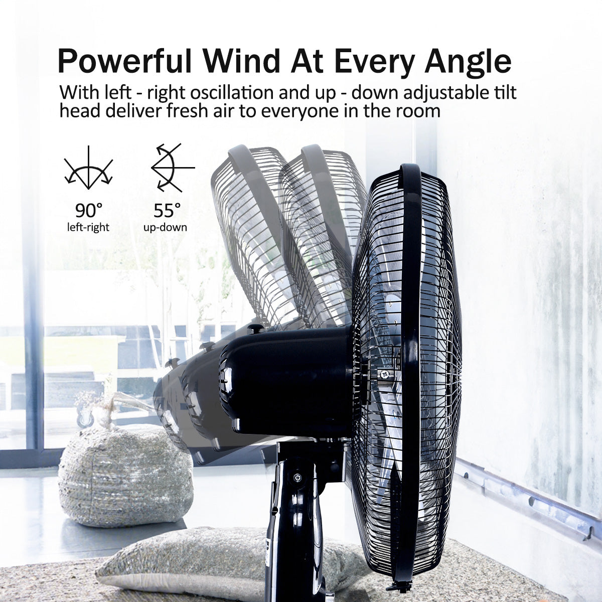 16" Stand Fan – Metal Blades, Powerful Airflow, Adjustable Tilt & Height, Oscillation, Timer, 3-Speed, black, PPFS616