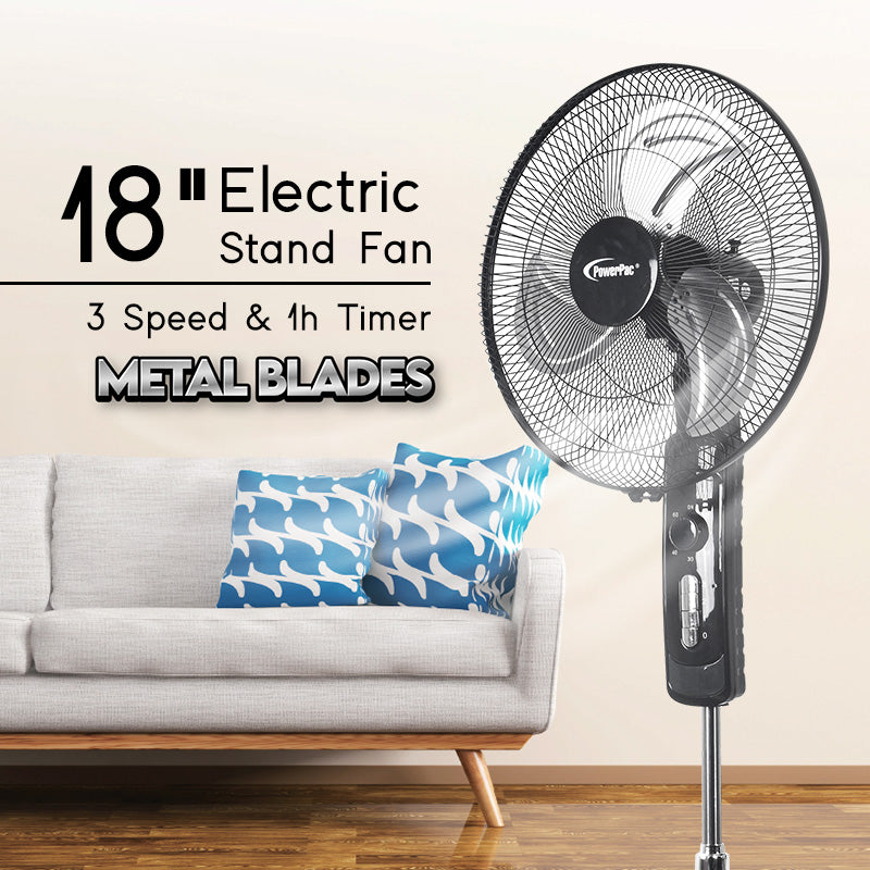 18" Stand Fan – Metal Blades, Powerful Airflow, Adjustable Tilt & Height, Oscillation, Timer, 3-Speed, black, PPFS818