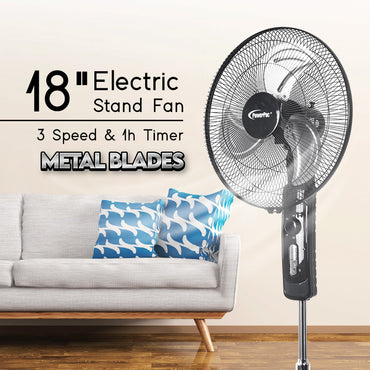 18" Stand Fan – Metal Blades, Powerful Airflow, Adjustable Tilt & Height, Oscillation, Timer, 3-Speed, black, PPFS818