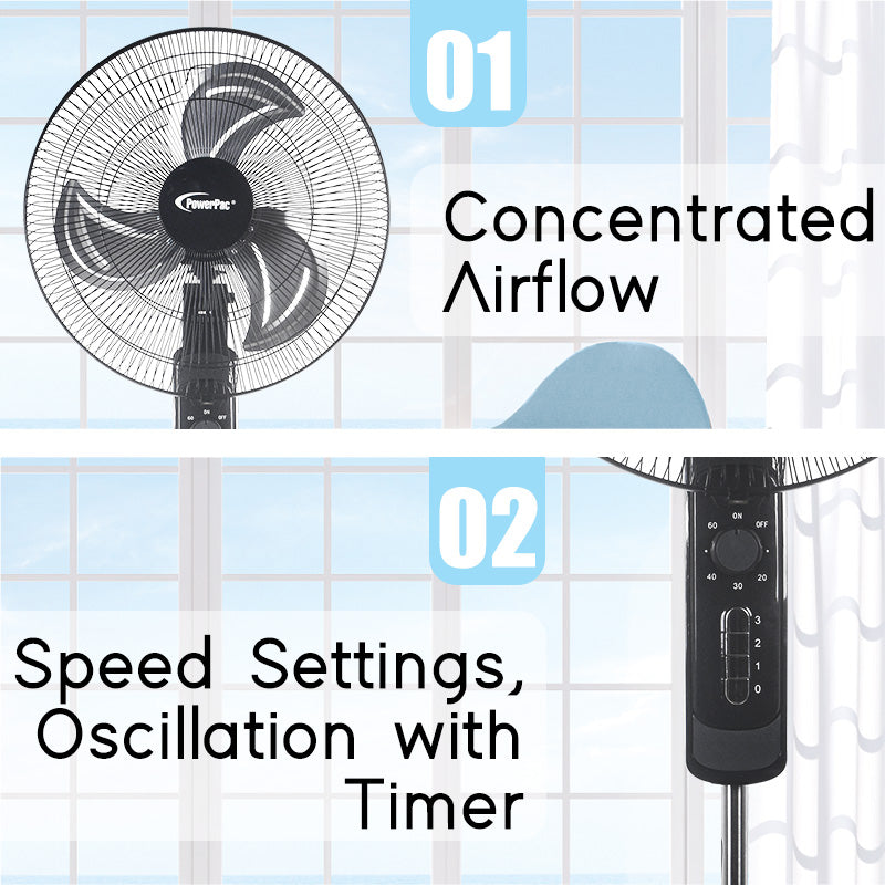 18" Stand Fan – Metal Blades, Powerful Airflow, Adjustable Tilt & Height, Oscillation, Timer, 3-Speed, black, PPFS818