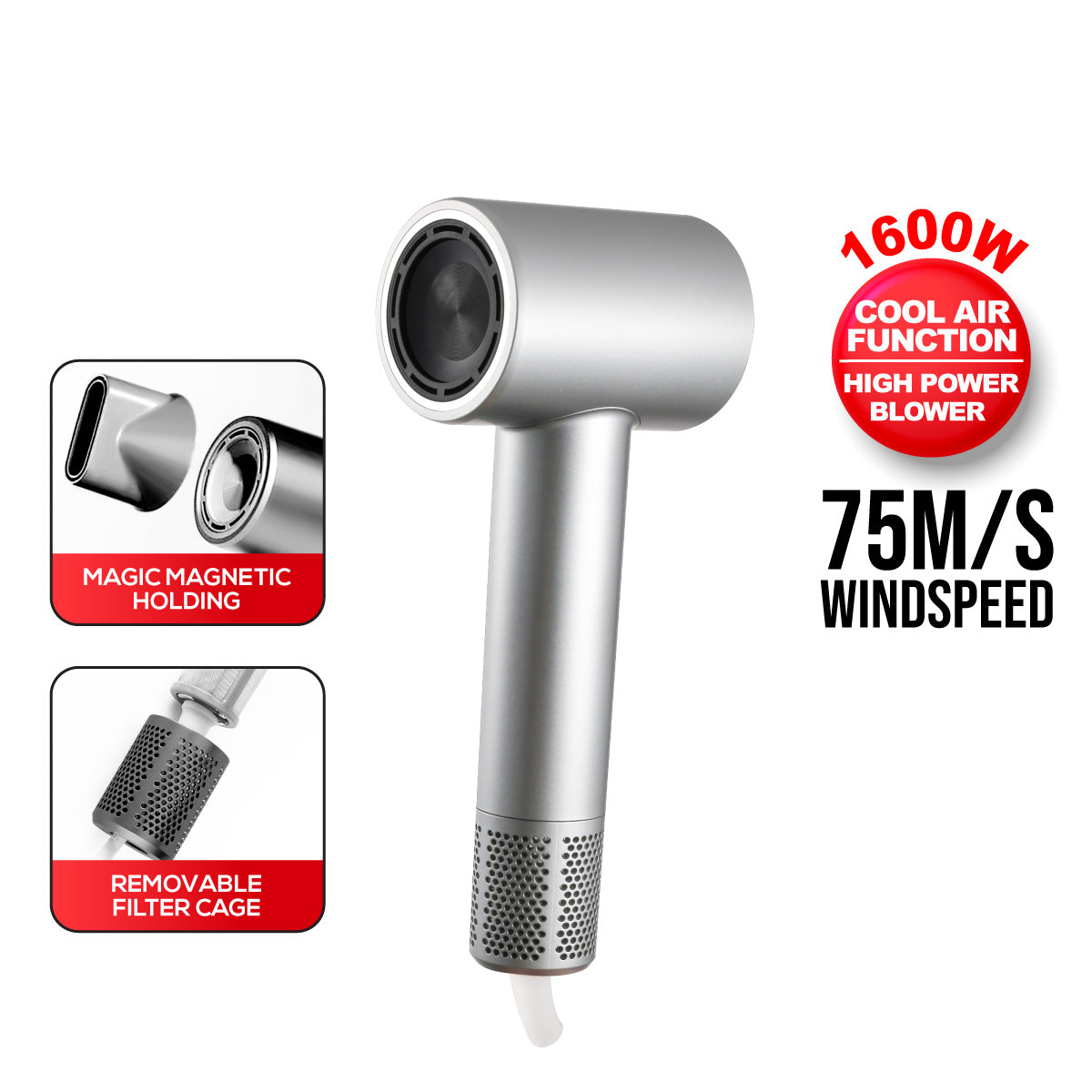 Hair Dryer with cool air, High Speed Hair Dryer 1600W (PPH2858) GREY