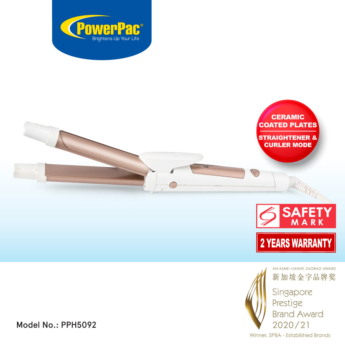 2 IN 1 Electric Hair Curler, Straightener with Quick heat up and neon indicator (PPH5092)