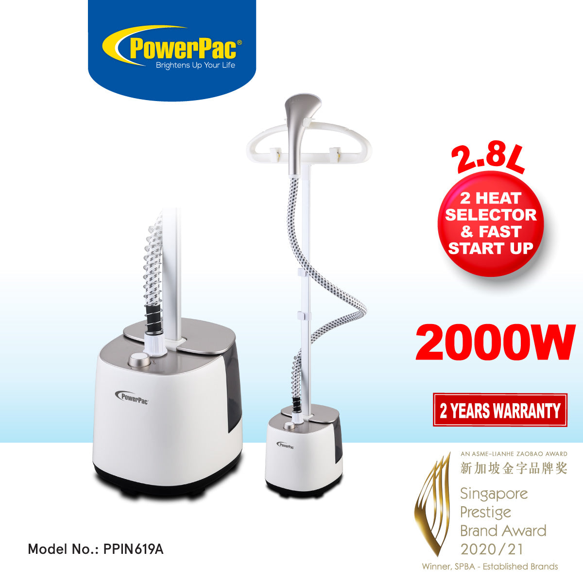 Garment Steamer With 2 Heat Selector 2.8L Water Tank (PPIN619A)