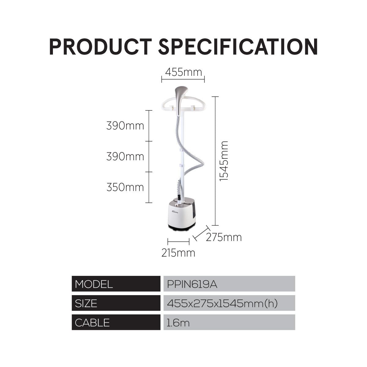 Garment Steamer With 2 Heat Selector 2.8L Water Tank (PPIN619A)