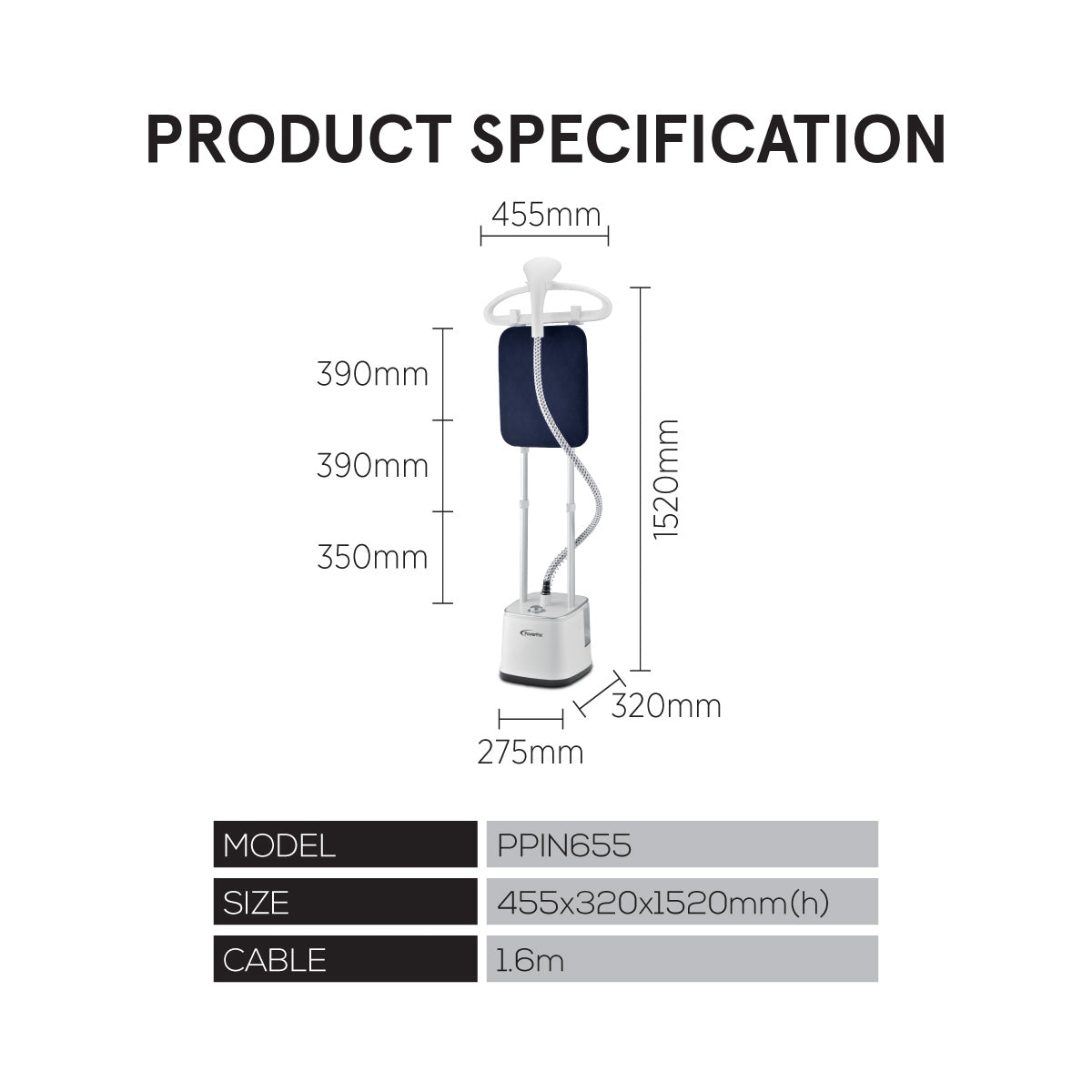 Garment Steamer With 2 Heat Selector 2.7L Water Tank (PPIN655)