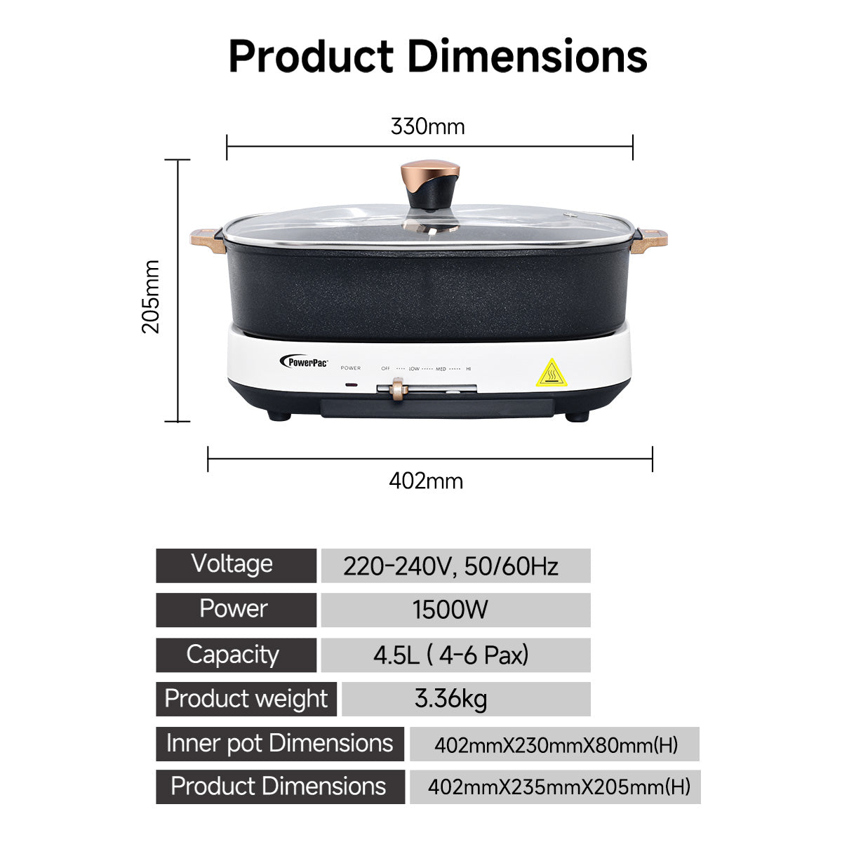 PowerPac Steamboat & Multi Cooker, Hot pot 4.5L with YuanYang Pot (PPMC768)