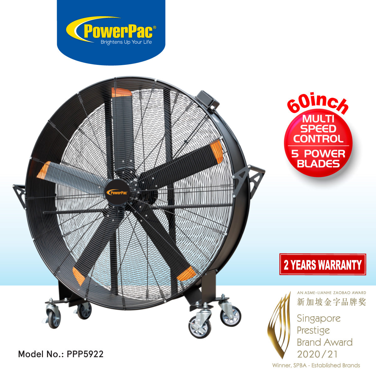 60” Big Industrial Drum Fan – Multi-Speed, 5 Blades, Portable with Wheels, Air Circulator, High Power, PPP5922