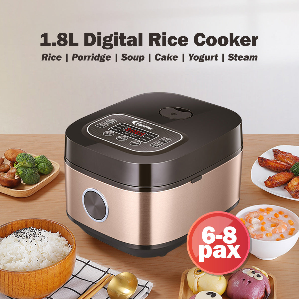 PowerPac Multi-Purpose Digital Rice Cooker 1.8L with Non-stick Inner Pot (PPRC318)