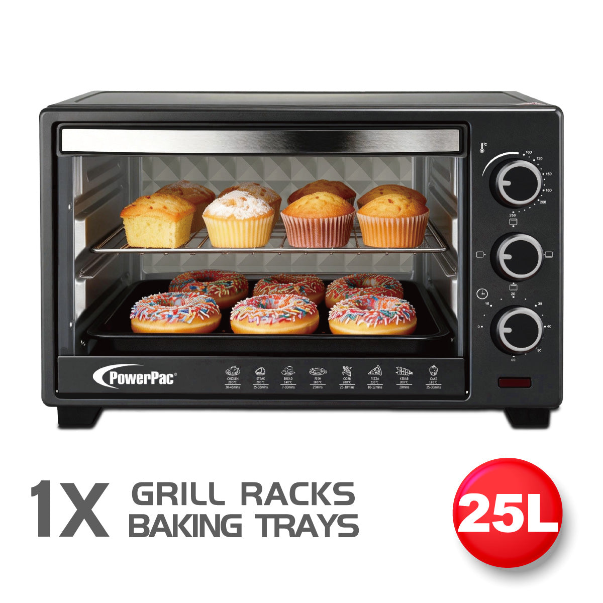 PowerPac Electric Oven 25L with 1 sets of baking tray and grill and heating selector (PPT25)