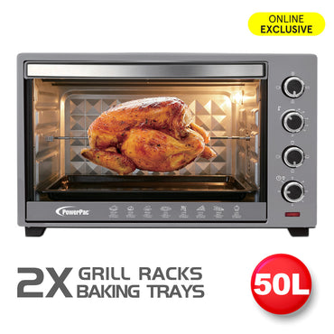 PowerPac Electric Oven 50L with Rotisserie & Convection Functions, 2 Trays & Wire Mesh (PPT45)
