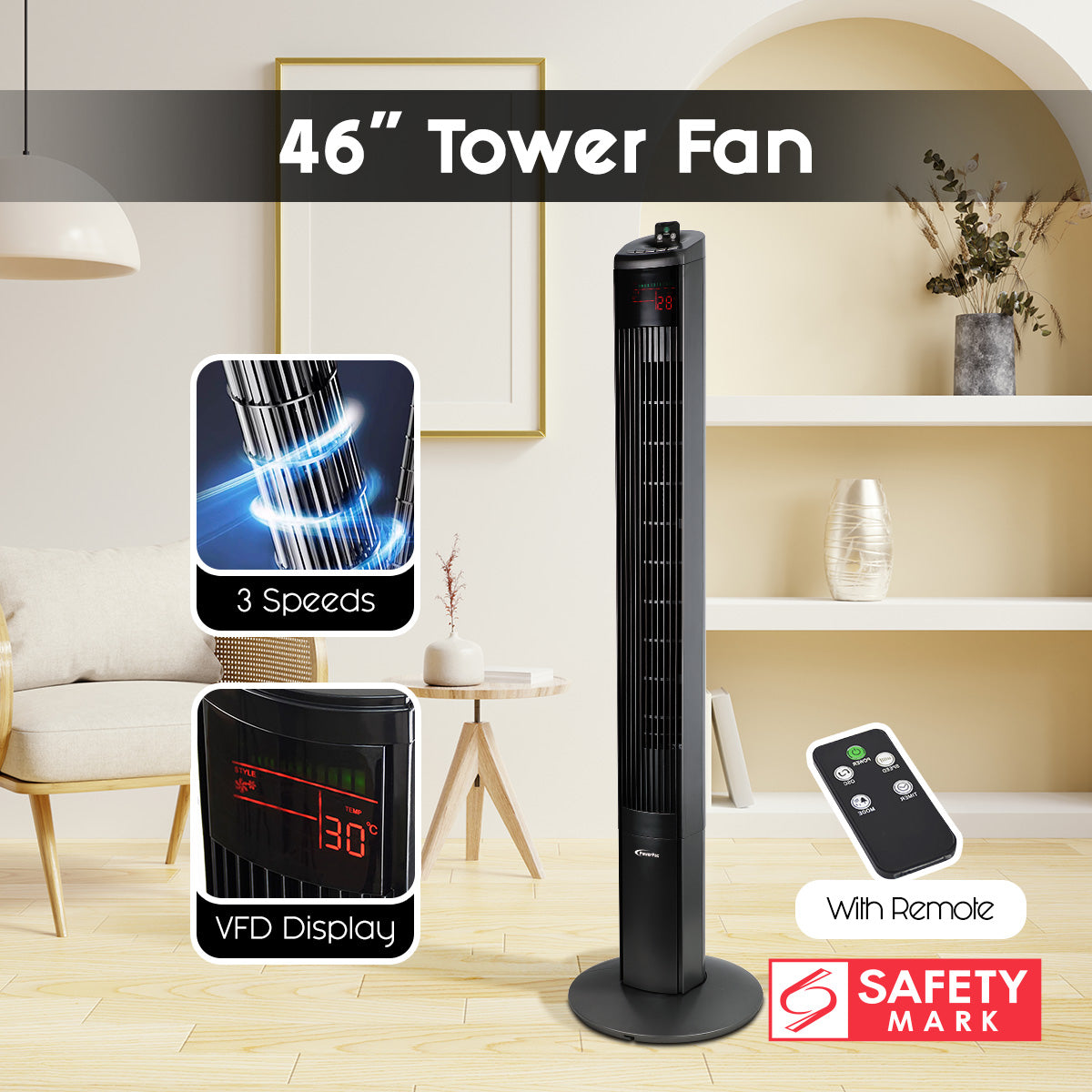 46" Tower Fan – Remote Control, Oscillation, Timer, 3 Modes, Digital display, Portable, Energy-efficient, 3-Speed, grey, PPTF460