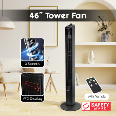 46" Tower Fan – Remote Control, Oscillation, Timer, 3 Modes, Digital display, Portable, Energy-efficient, 3-Speed, grey, PPTF460